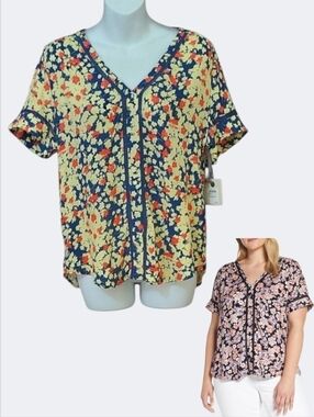 NWT hinge Mia Blue Estate Coral Floral Blouse ~sz S